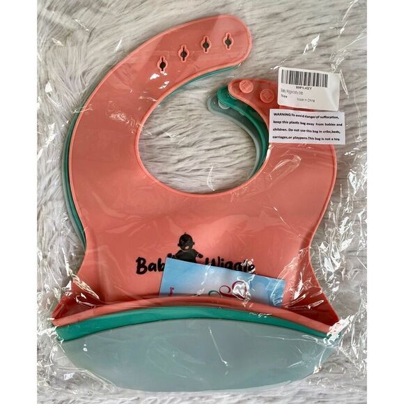 NWT Baby Wiggle Set Of 3 Unisex Silicone Bibs With Food Pouch/Catcher - Picture 3 of 9